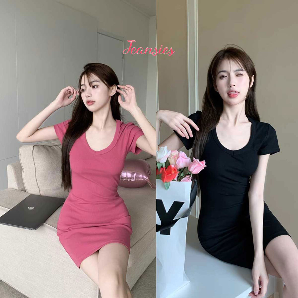 มินิเดรสกระโปรงสั้น สไตล์เกาหลี เนื้อผ้าเข้ารูป สีพื้น