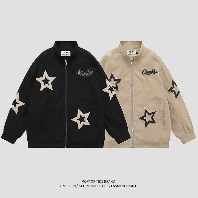 เสื้อแจ็กเก็ตลําลอง ทรงหลวม ปักลายดาว สไตล์อเมริกัน สตรีท สําหรับผู้ชาย และผู้หญิง