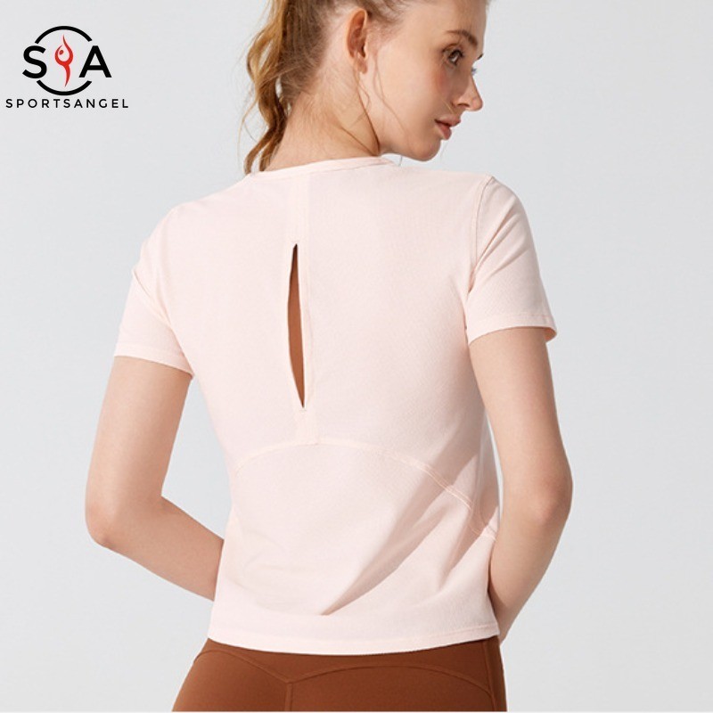 【Sportsangel】เสื้อกีฬาแขนสั้น แบบกลวง แห้งเร็ว สําหรับเต้นรํา ยิม