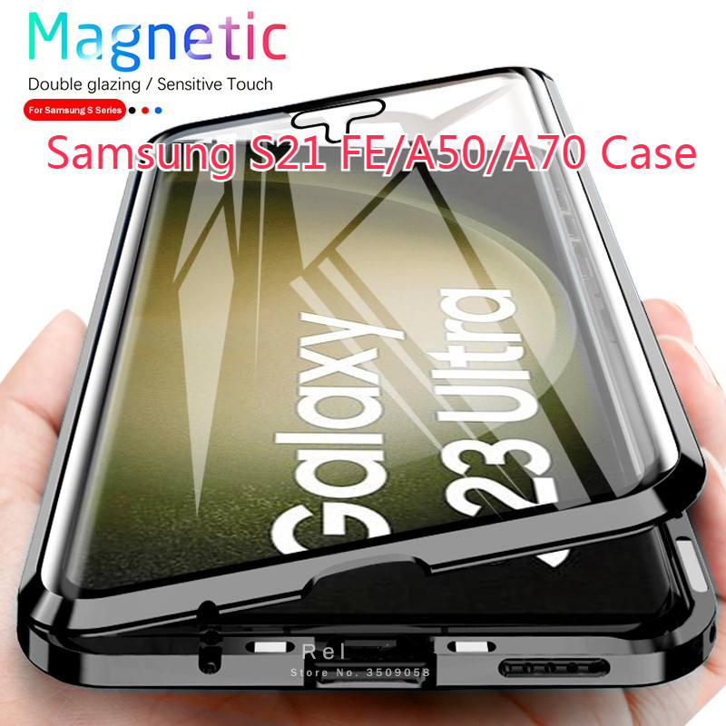 เคสโทรศัพท์มือถือกระจกนิรภัย แบบฝาพับแม่เหล็ก สองด้าน กันกระแทก สําหรับ Samsung Galaxy S21 FE Note10 Pro Note 10 9 8 A50 A50S A30S A70 A21S