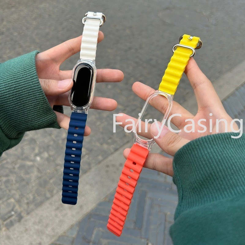 Ocean เข็มขัดซิลิโคน + กรณีแก้วสําหรับ Xiaomi Mi Band 9 8 7 NFC ป้องกันหน้าจอฟิล์ม Miband 6 5 4 3 สายนาฬิกาป้องกัน PC กรอบคลุมทั้งหมดกรณีสร้อยข้อมือสายคล้อง