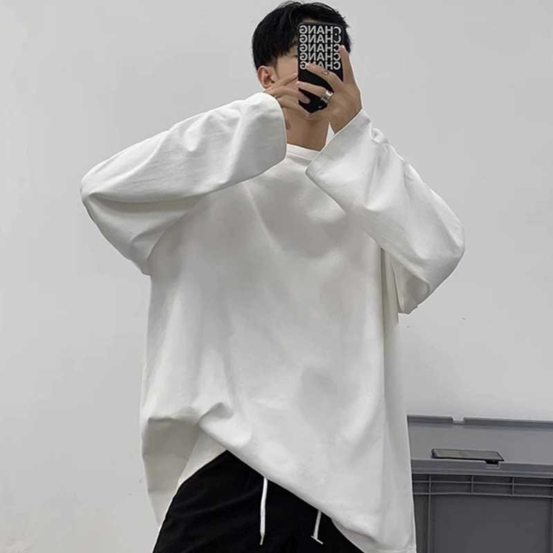 เสื้อยืดแขนยาวลําลอง ผ้าฝ้าย ทรงหลวม แฟชั่นฤดูใบไม้ผลิ และฤดูใบไม้ร่วง สําหรับผู้ชาย