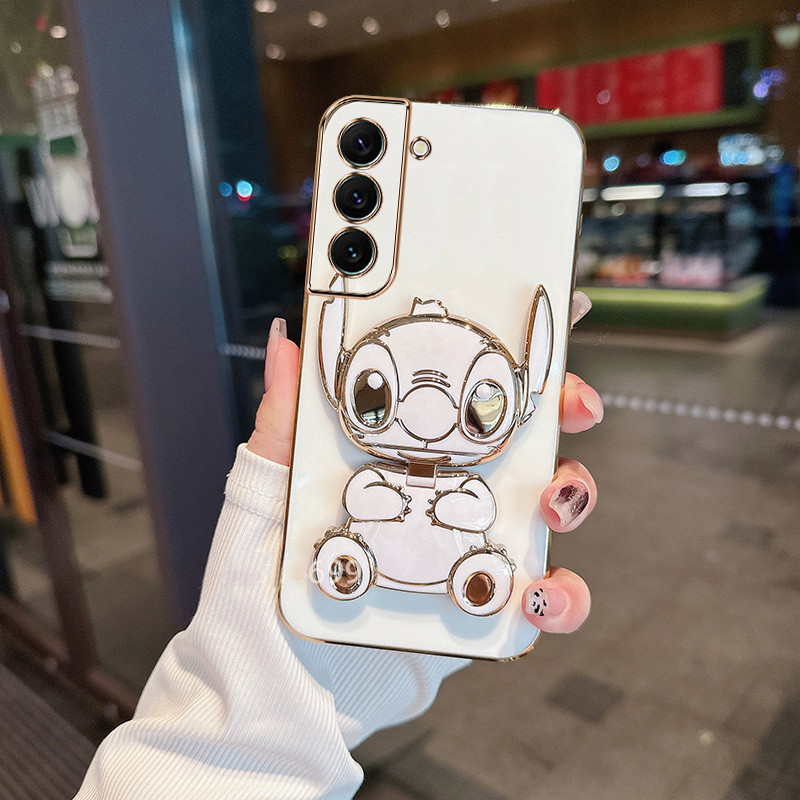SAMSUNG น่ารักstitchกระจกขาตั้งผู้ถือชุบglossyสําหรับsamsung S24 S23 Ultra S22 S21 Plus S24fe S23fe S21fe