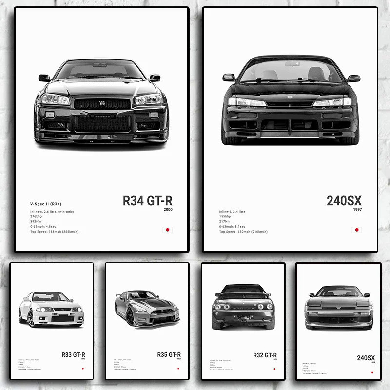 Pop สีดําและสีขาวญี่ปุ่นรถยนต์หรูหรา Super Sport รถโปสเตอร์ความงาม R34 Gtr 240sx ผ้าใบพิมพ์สําหรับ Wall Art โรงรถตกแต่งห้อง DPQU