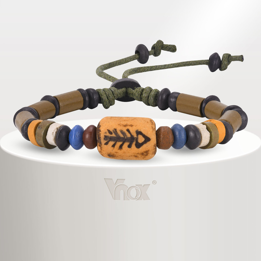 Vnox สร้อยข้อมือ จี้ลูกปัดก้างปลา สไตล์วินเทจ ปรับขนาดได้ สําหรับผู้ชาย