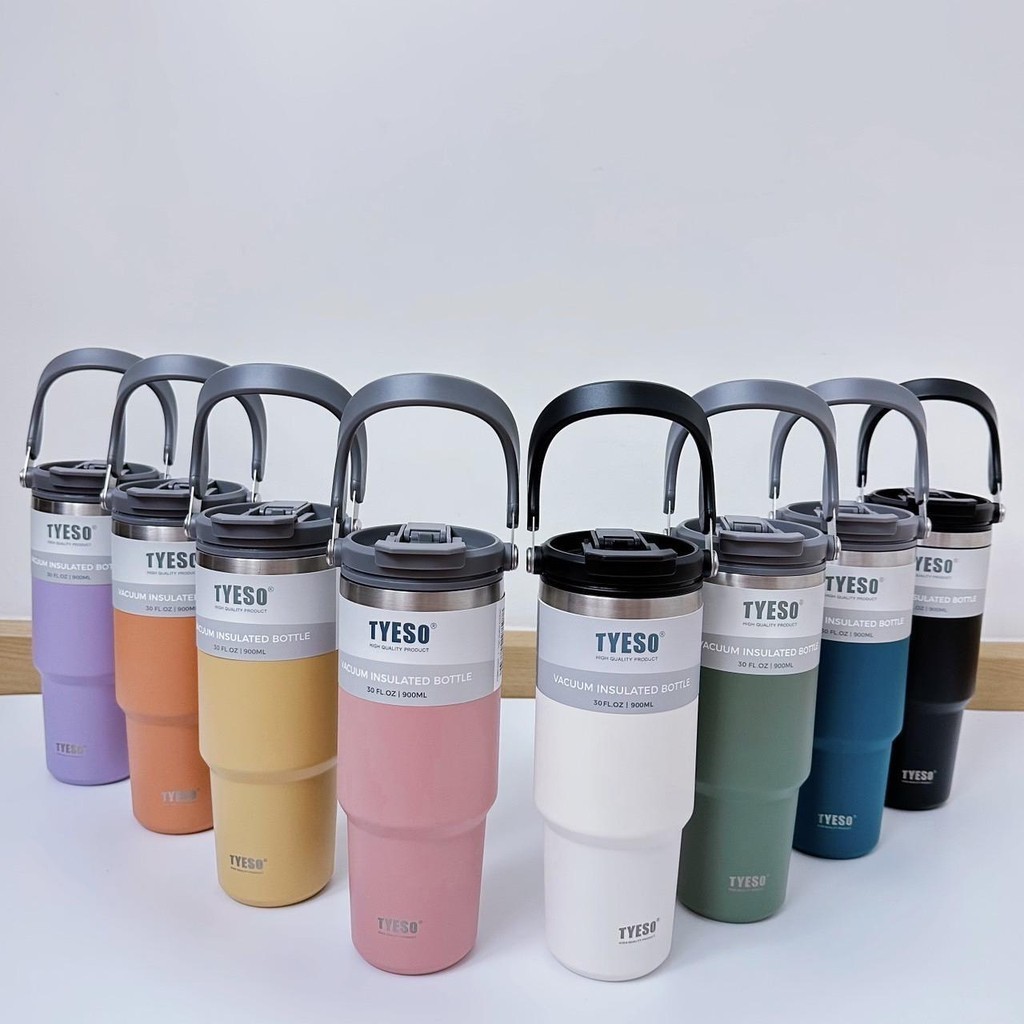 Tyeso (ของแท้)แก้วเก็บความเย็นเเละร้อน แบบใหม่มีที่จับ หูหิ้ว แก้วสแตนเลส 304 ครบไซส์ 600ml 750ml 900ml 1050ml 1200ml