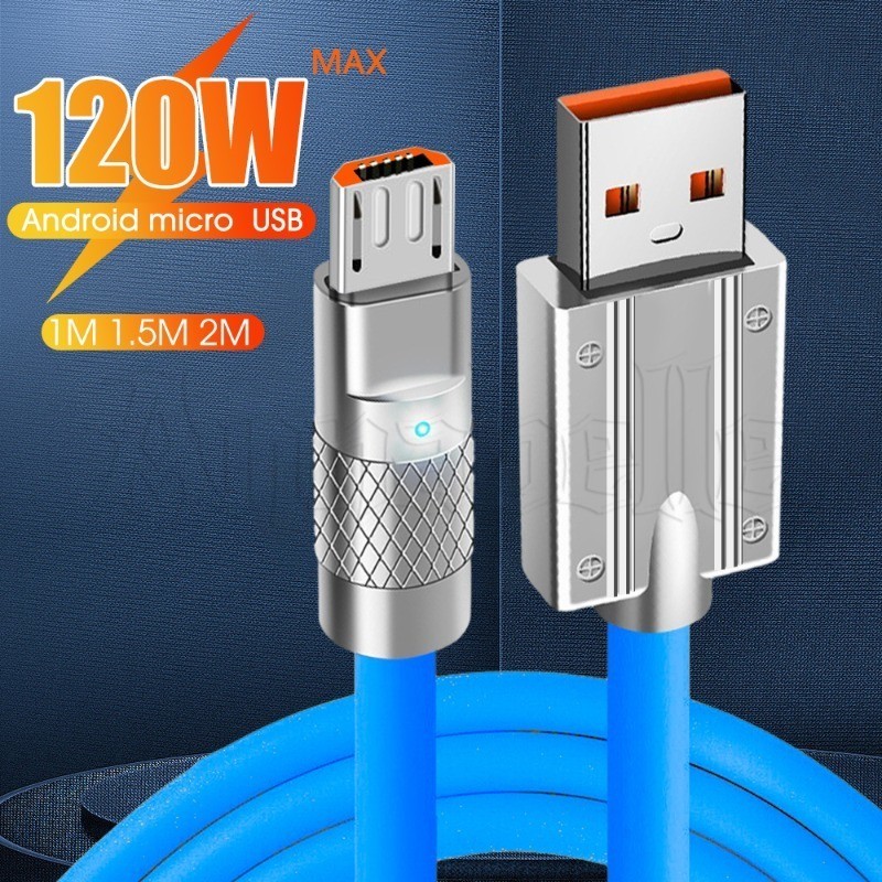 สายเคเบิลข้อมูล Android - วัสดุ TPE - ปลั๊กโลหะอลูมิเนียมอัลลอยด์ แบบหนา กันน้ํา สีฟ้า - พร้อมตัวบ่งชี้การชาร์จ - 120W 6A ชาร์จเร็ว - อินเทอร์เฟซการชาร์จ Micro USB ของ Android