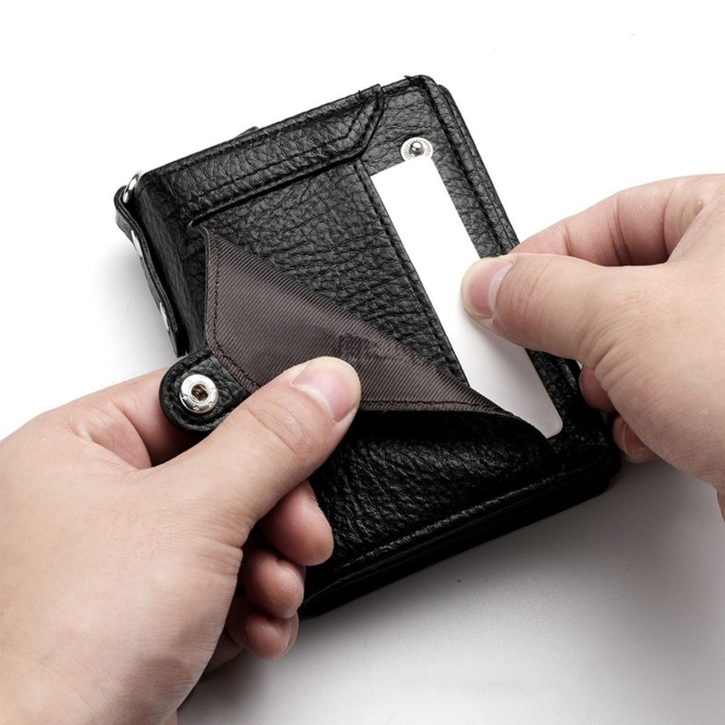 Run กระเป๋าใส่เหรียญแฟชั่นพร้อมช่องใส่การ์ดหลายช่อง Mens PU หนังกระเป๋าสตางค์สั้นพร้อมโซ่โลหะแบบถอดได้และซิป Pocke