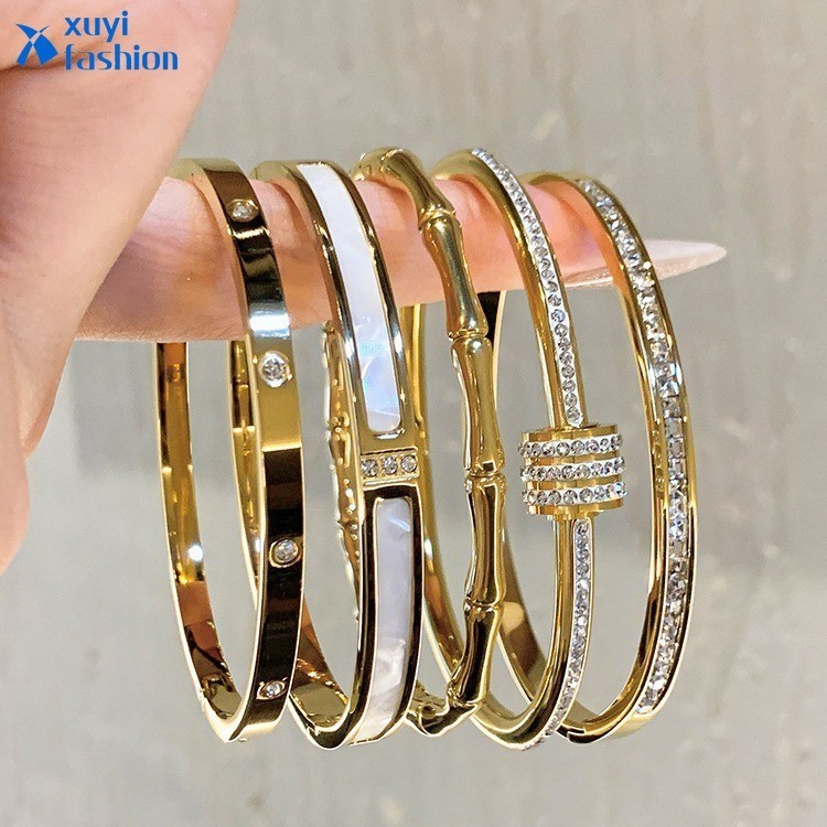 กําไลข้อมือ สเตนเลส หรูหรา คริสตัล ไม้ไผ่ น้ํามันหยด เครื่องประดับ สําหรับผู้หญิง
