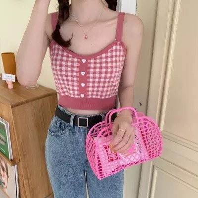 เสื้อกล้ามสายเดี่ยวลายสก๊อตแบบใหม่สำหรับผู้หญิงเสื้อตัวในถักแบบสั้นสไตล์ Hyun Ya เสื้อตัวในเสื้อถักเสื้อถักเสื้อใส่ในเสื้อโค้ทถักลายมิงค์ qo8j