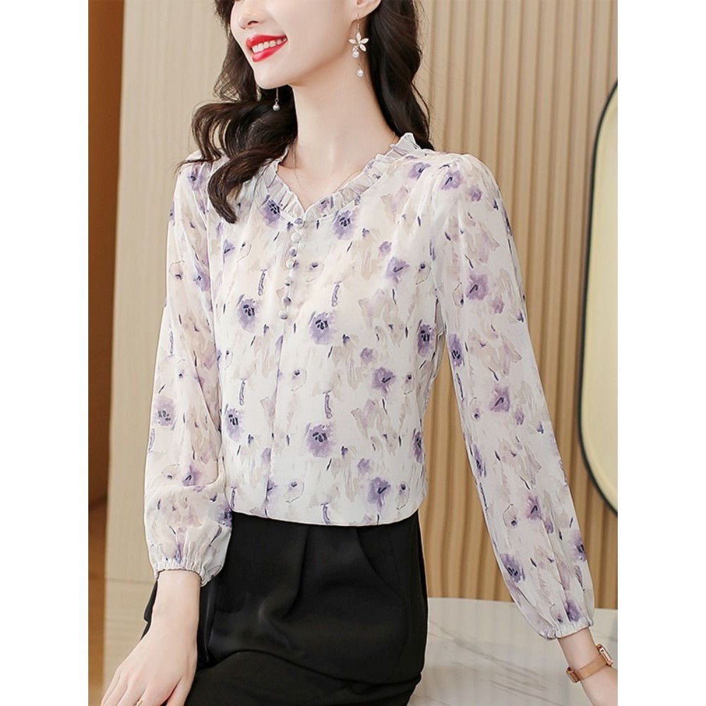 เสื้อเชิ้ตแขนยาว ผ้าชีฟอง เข้ารูป ลายดอกไม้ แฟชั่นฤดูใบไม้ผลิ และฤดูใบไม้ร่วง สําหรับผู้หญิง 2024