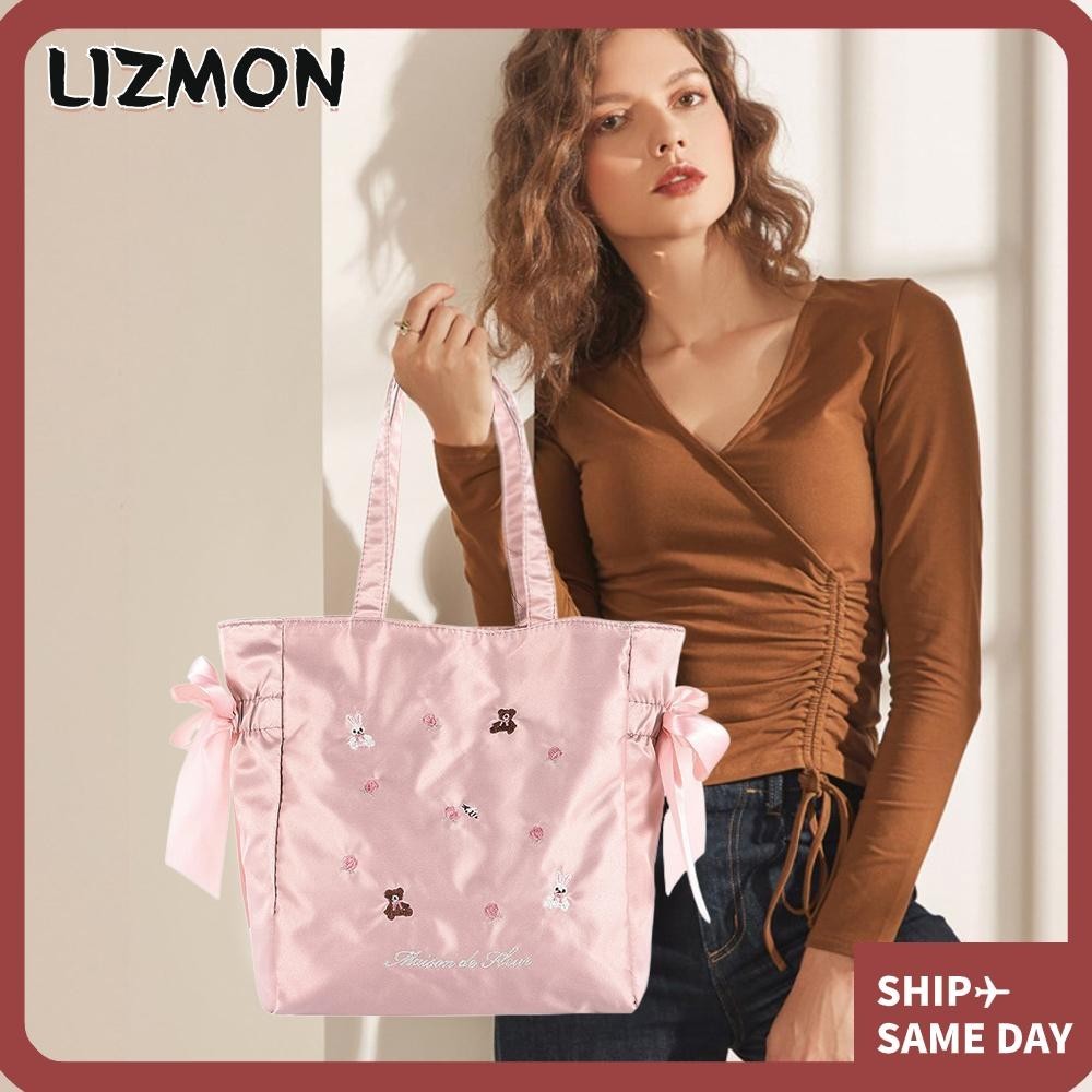 Lizmon กระเป๋าสะพายไหล่ กระเป๋าถือ ทรงโท้ท ขนาดใหญ่ จุของได้เยอะ ปักลาย สีชมพู สไตล์เกาหลี ฮาราจูกุ สําหรับสตรี