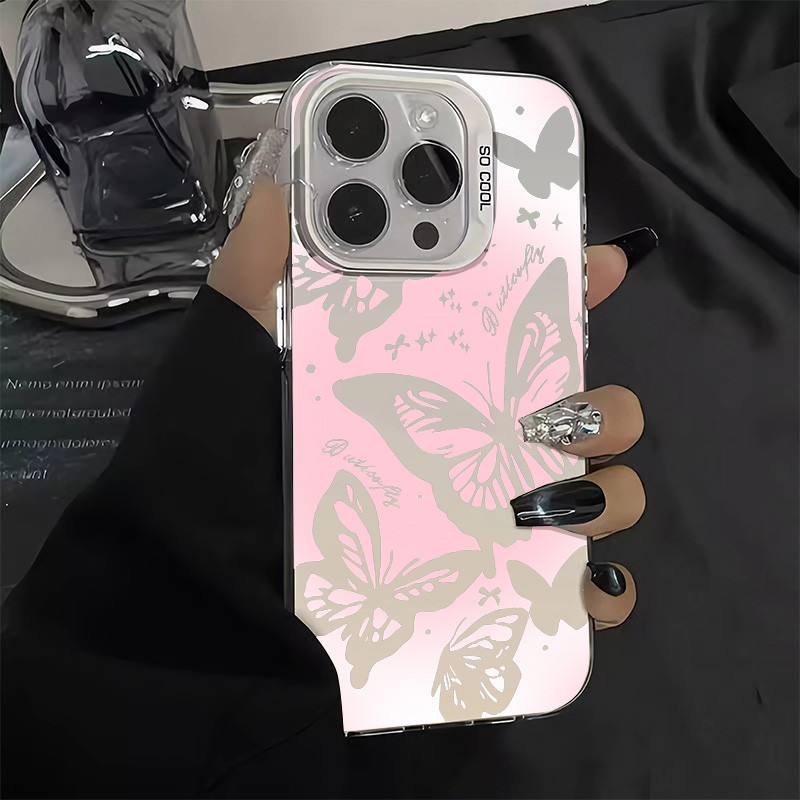เคสโทรศัพท์มือถือ ซิลิโคนแข็ง กันกระแทก กันรอยกล้อง ลายผีเสื้อ ไล่โทนสีชมพู สําหรับ Iphone 14 11 15 13 12 Plus Pro Max XSMAX X XS XR 7 8 SE(2020)