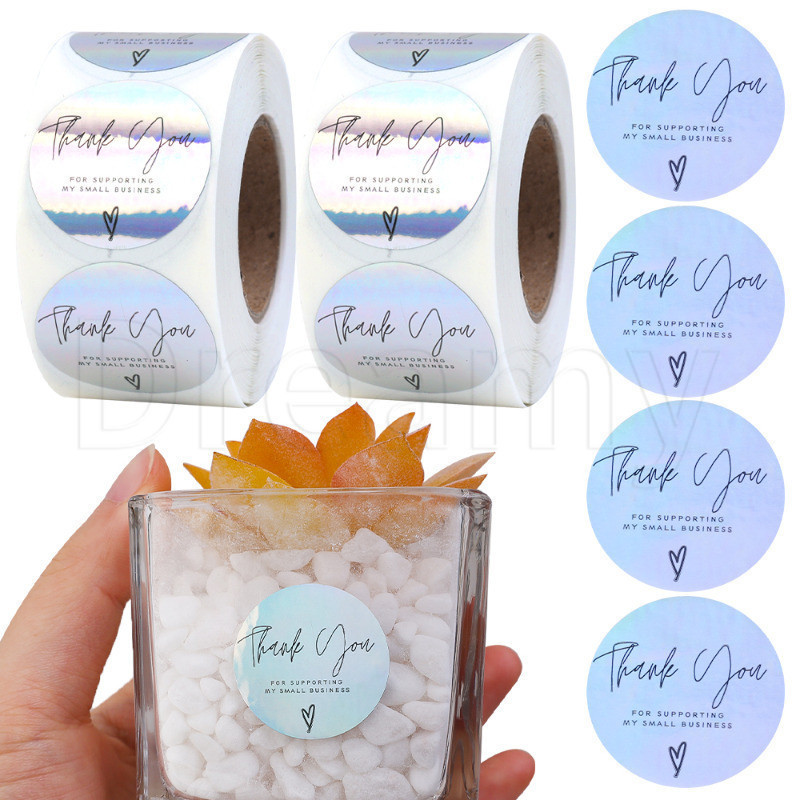 สติกเกอร์ฉลากเลเซอร์ Thank You สีรุ้ง มีกาวในตัว กันน้ํา และเหนียว DIY สําหรับติดบรรจุภัณฑ์ ของขวัญ เครื่องเขียน สํานักงาน จดหมาย 500 ชิ้น