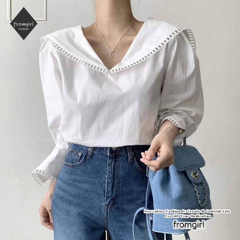เสื้อเชิ้ตแขนยาว คอวี ทรงหลวม เย็บปะติดปะต่อกัน