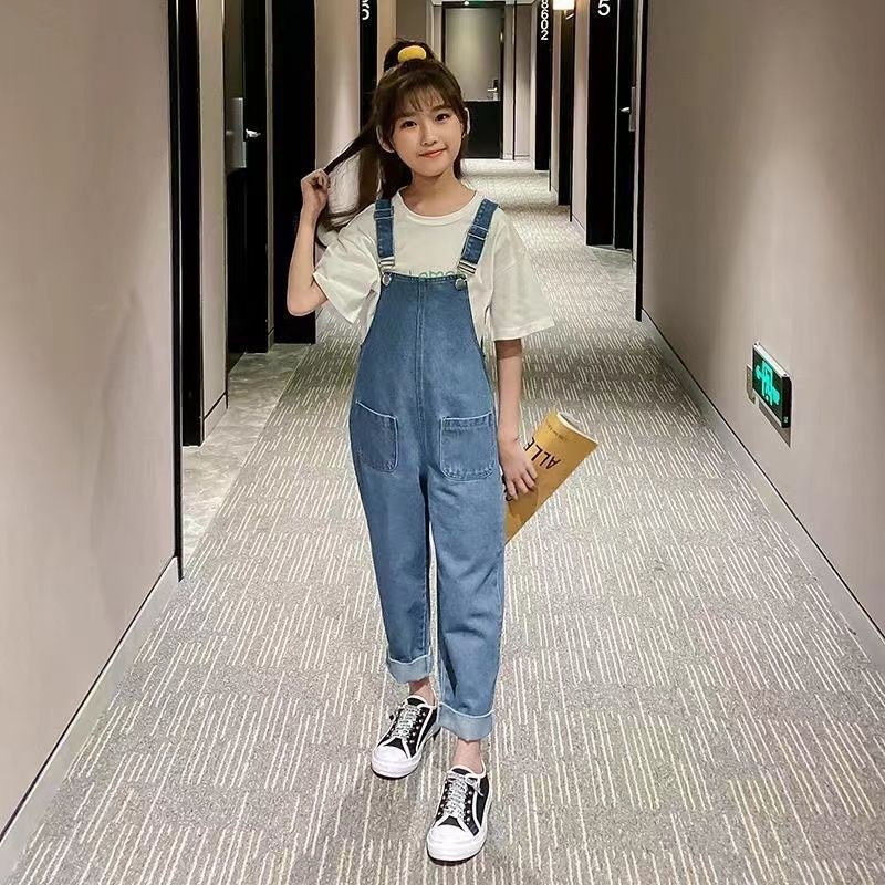 ชุดเอี๊ยมกางเกงยีนขายาว ทรงหลวม ขนาดใหญ่ สําหรับเด็กผู้หญิง อายุ 120-170 ปี มี 4 ช่อง