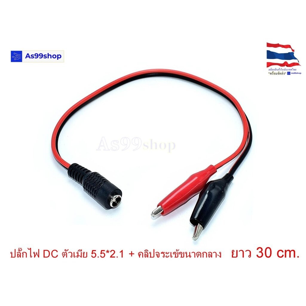 ปลั๊ก DC ตัวผู้ตัว-เมียขนาด 5.5*2.1 + พร้อมคลิปปากจระเข้ขนาดกลาง สายยาว 30 cm.