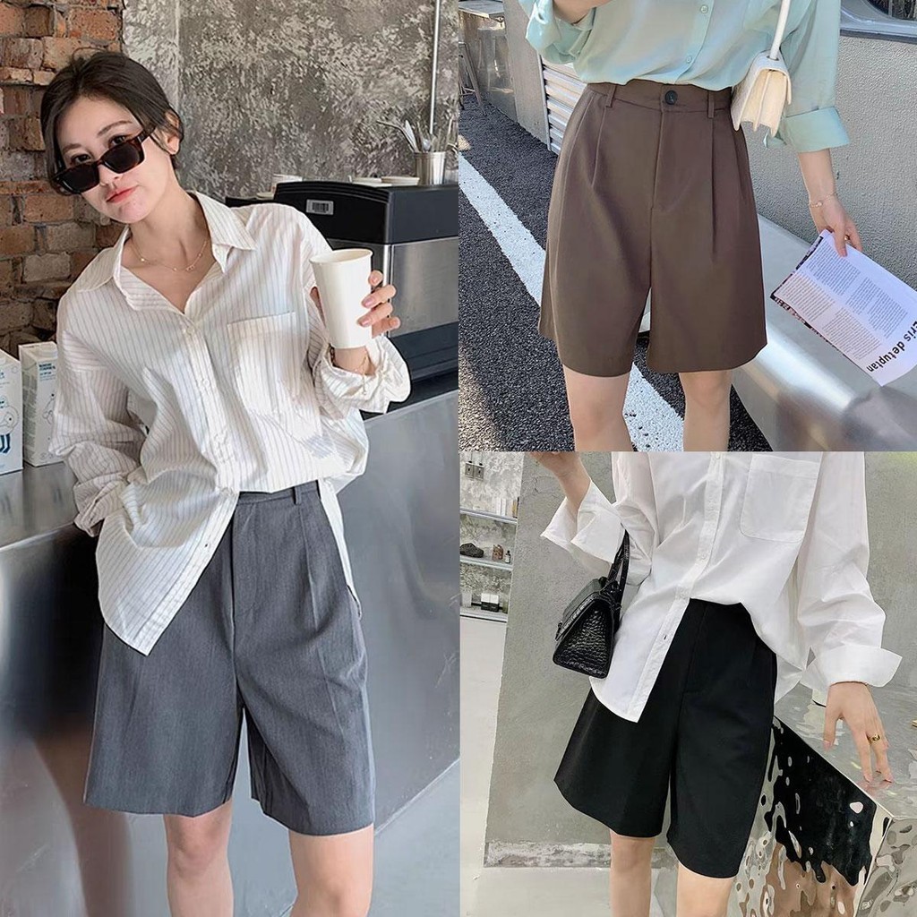 Dahong กางเกงขาสั้นเอวสูง กางเกงขาสั้นผู้หญิง  สามารถใส่กับเสื้อเชิ้ตได้ 2626