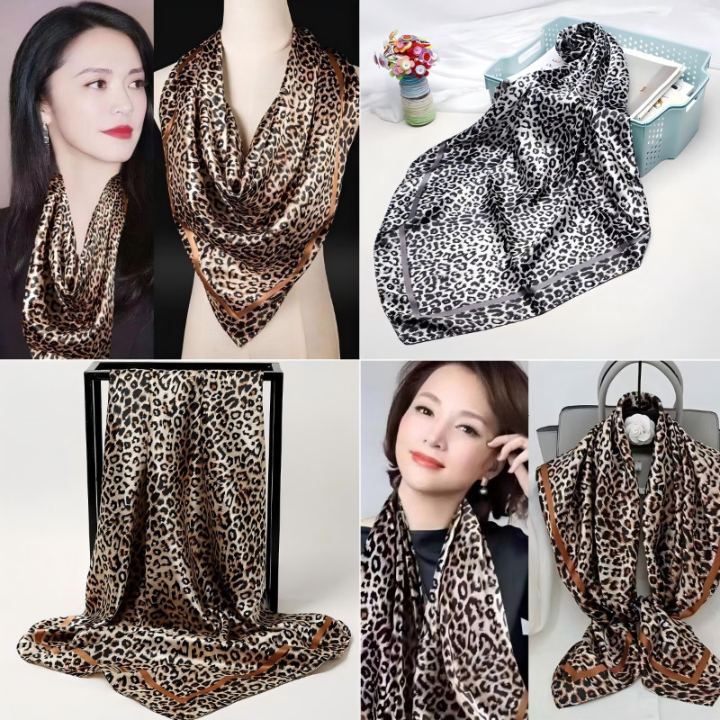 ผ้าพันคอสี่เหลี่ยมพิมพ์ลายเสือดาว-เครื่องประดับผม-ออกแบบเฉพาะสําหรับสาวเผ็ดและผู้หญิง-ผ้าพันคอวินเทจคอปก เคชี่ฟู่ -ซาตินขอบบางคาดศีรษะ-แฟชั่น, ย2เค