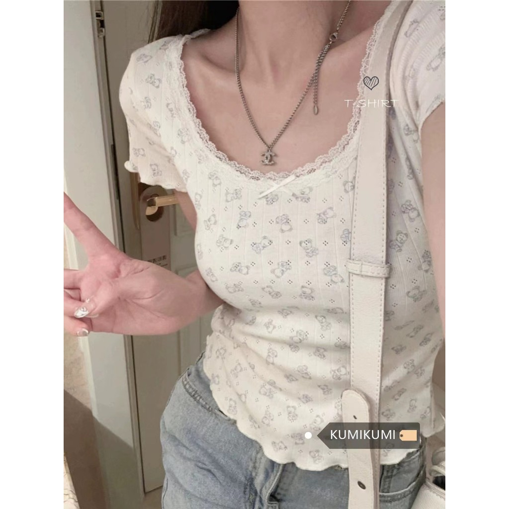 260 เสื้อยืดคอวีลายดอกไม้ตัดฟรี Pure Desire สำหรับผู้หญิง สไตล์สั้นฤดูร้อน I Weaving Joy 4VY7