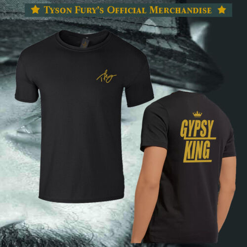 Tyson Fury Gypsy King ผู้ใหญ่เสื้อยืดสีดําผ้าฝ้ายด้านหน้าและด้านหลังสีทอง