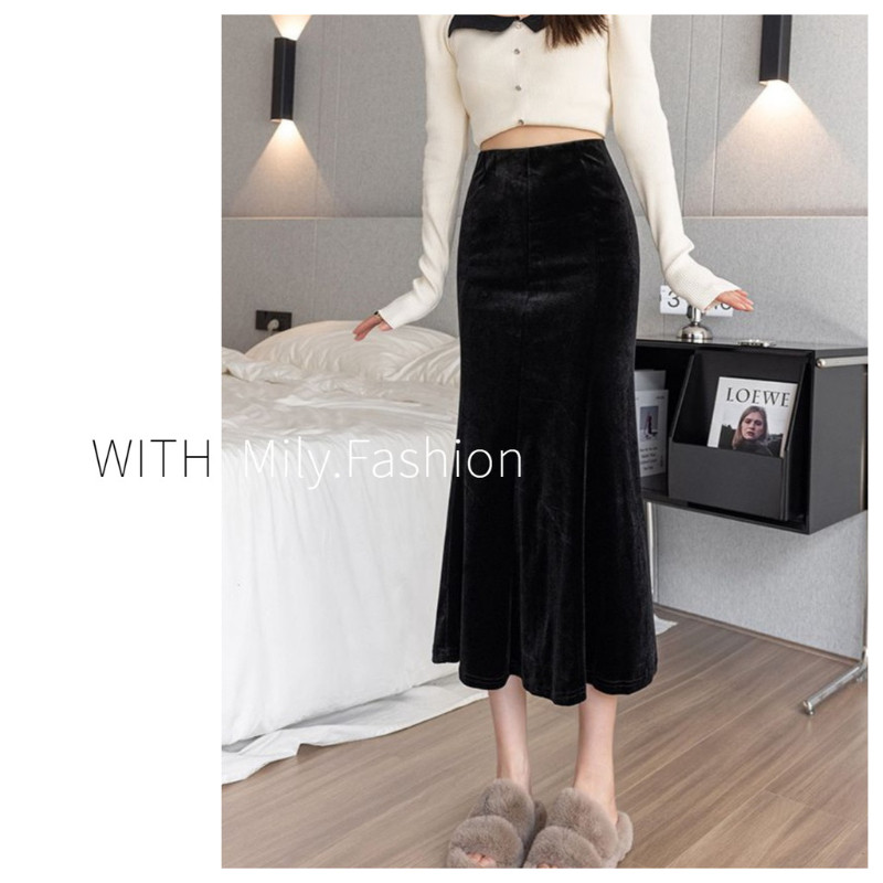 Milyfashion กระโปรงหางปลา กํามะหยี่ สีทอง พื้นนิ่ม เป็นมิตรกับผิว ยาวครึ่งตัว สะโพกแพ็ค
