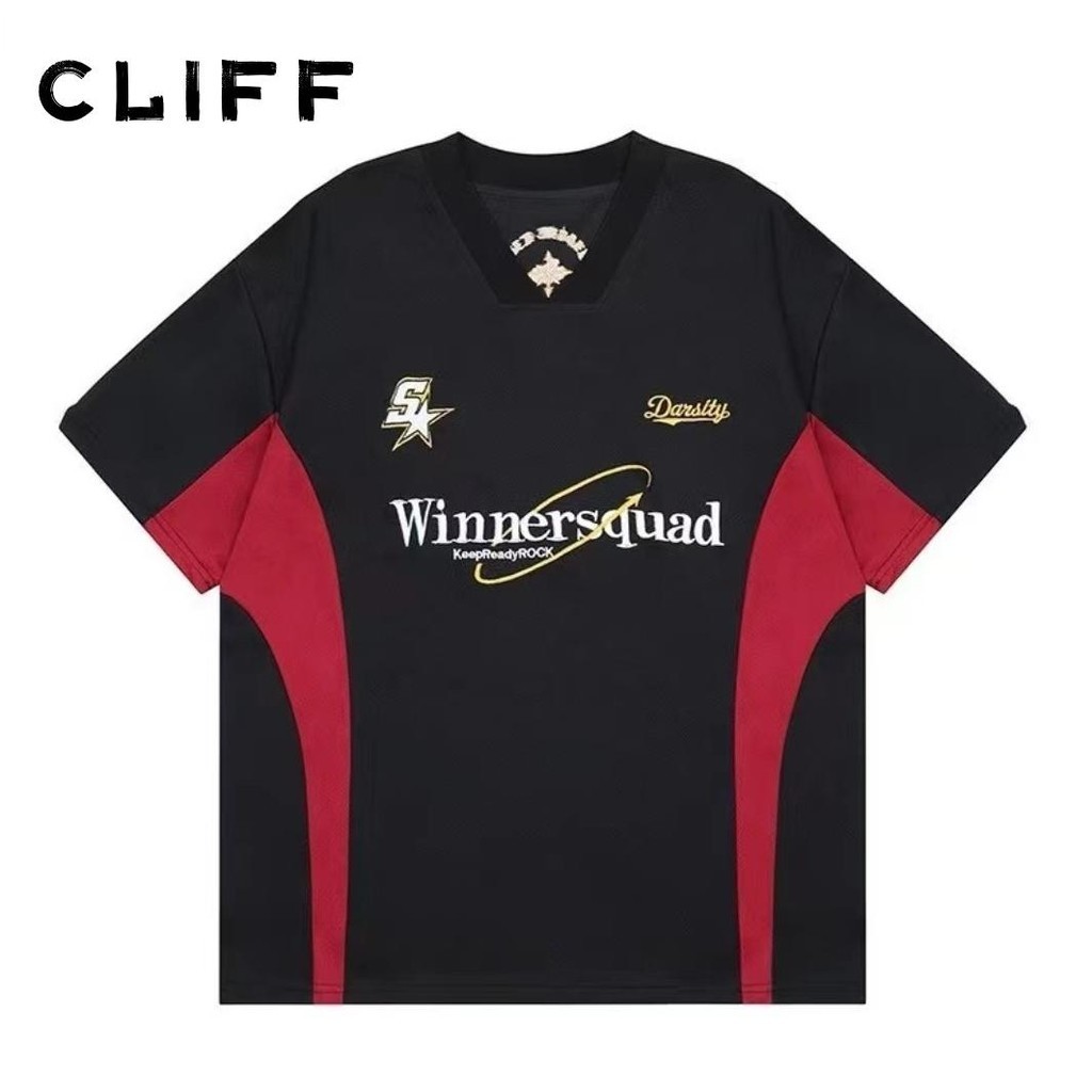 CLIFF เสื้อยืด ผู้ชาย เย็บปักถักร้อย สไตล์สปอร์ตอเมริกัน oversize V-Neck