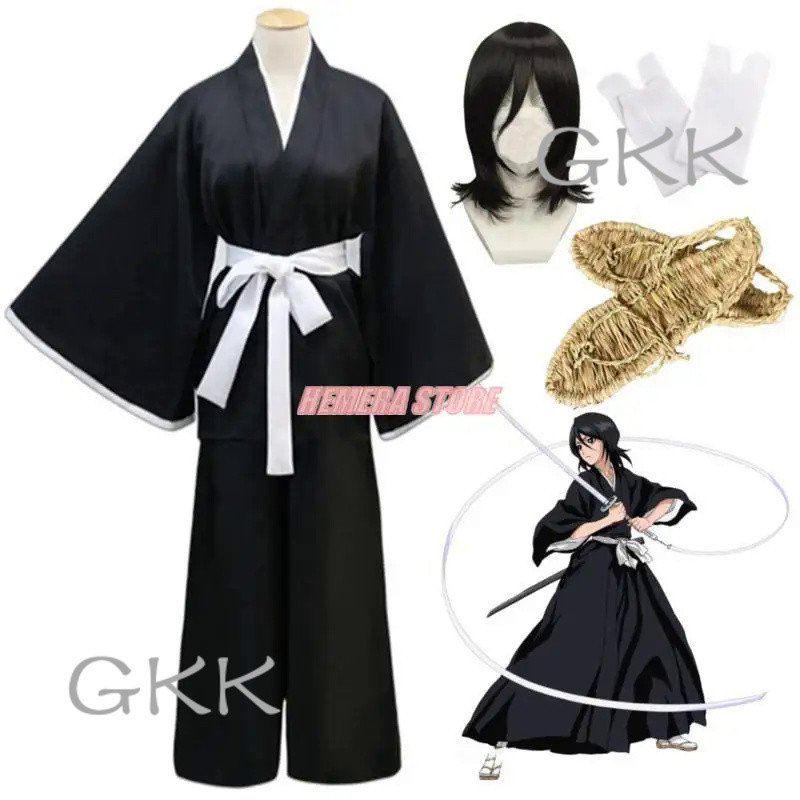 GK Bleach Cosplay Kuchiki Rukia Wigs and Kimono Uniform Halloween Costume For Woman Die Pa Anime Clo