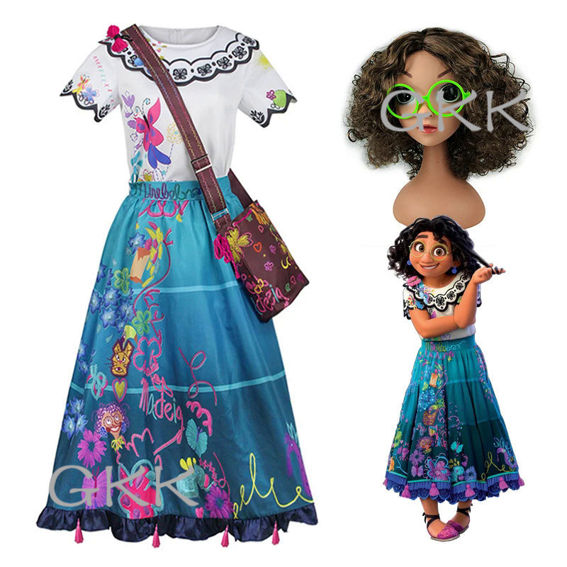 GK Encanto Mirabel Costumes Dress for Women Adult Disney Anime Mirabel Cosplay Costume Wig Free Glas