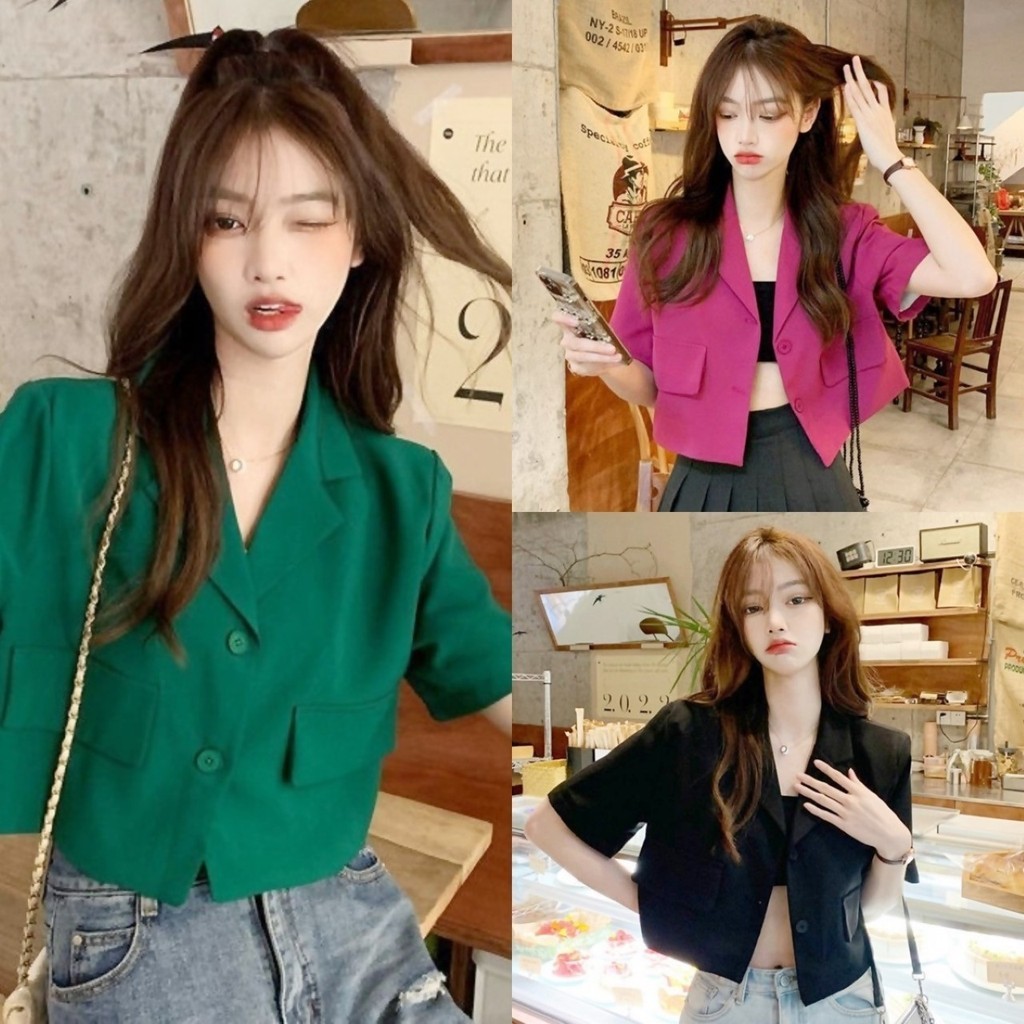 FC พร้อมส่ง สูทครอปแขนสั้น มีกระดุม สีพื้น 5 สี แต่งกระเป๋าหลอก
