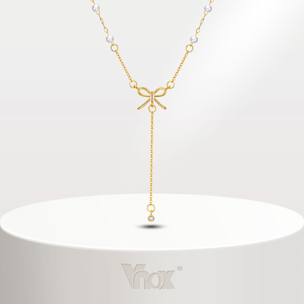 Vnox สร้อยคอสเตนเลส ทอง 18K จี้โบว์ ผีเสื้อ ประดับไข่มุก กันแพ้ เครื่องประดับ สําหรับผู้หญิง