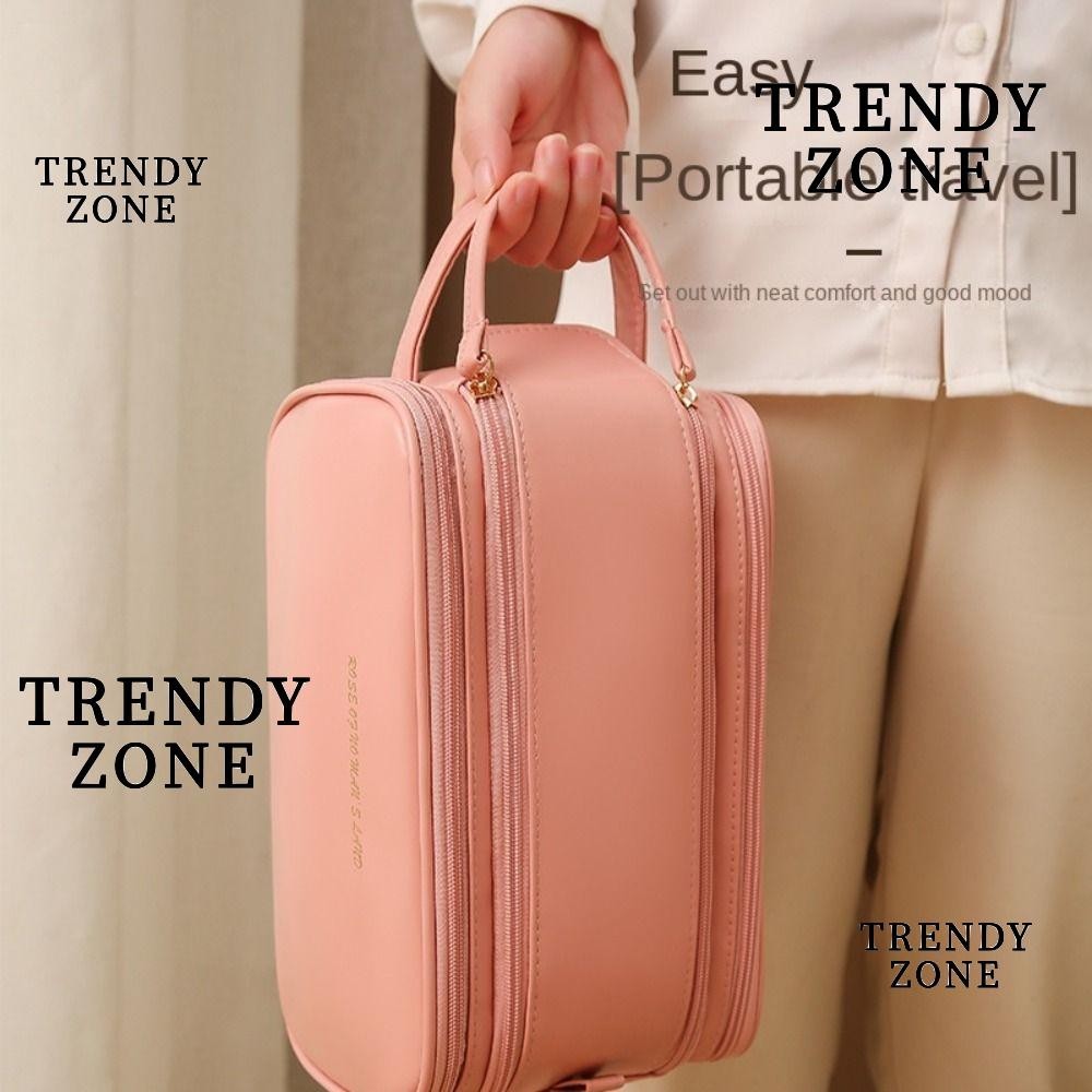 Trendyzone กระเป๋าเครื่องสําอาง หนัง PU มีซิปคู่ ความจุขนาดใหญ่ กันน้ํา พร้อมหูหิ้ว