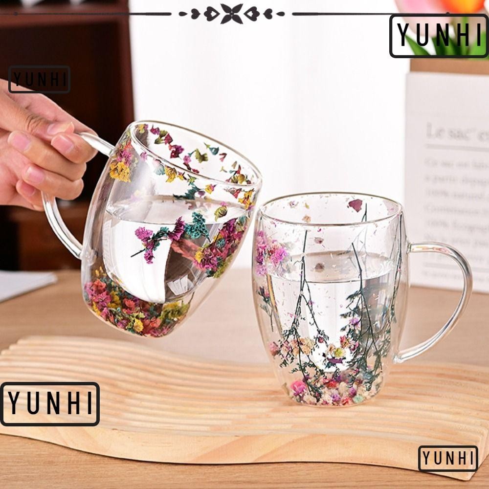 Yunhi แก้วกาแฟบอโรซิลิเกต แบบสองชั้น ทนความร้อน ลายดอกไม้ พร้อมหูจับ เรียบง่าย ของขวัญสร้างสรรค์