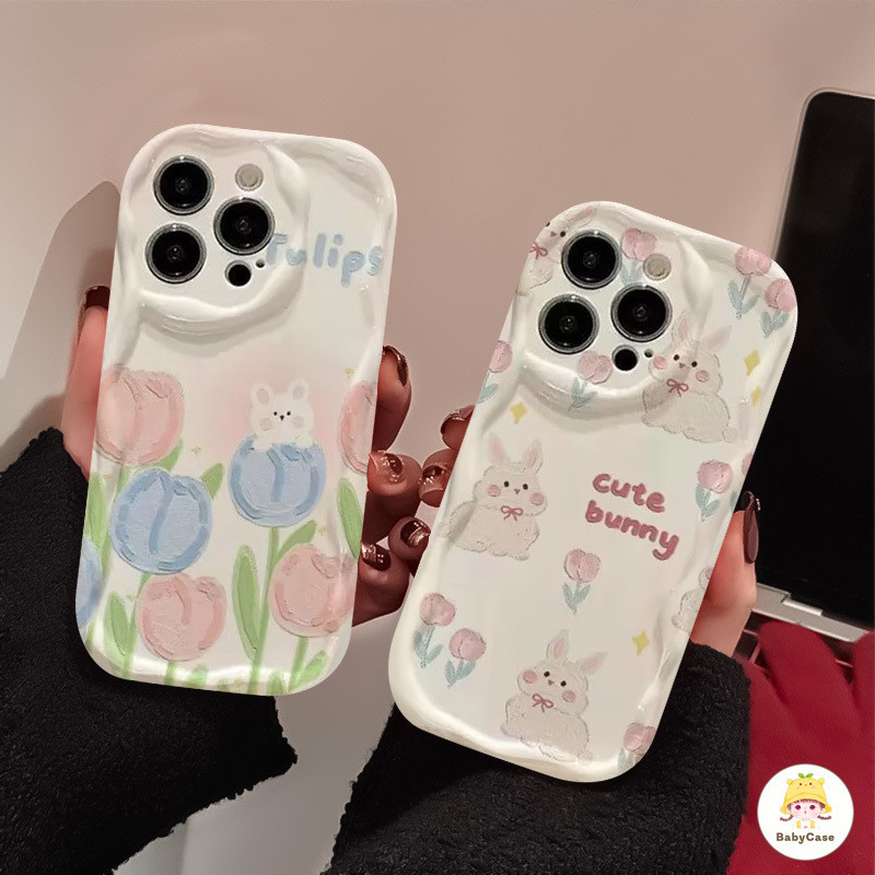 การ์ตูนน่ารักกระต่ายฤดูใบไม้ผลิดอกทิวลิปฟลาว iPhone 11 15 13 12 14 Pro Max XR 7Plus X XS Max 7 8 Plus 12 13 mini SE 2020