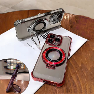 เคสโทรศัพท์มือถือแบบใส กันกระแทก พร้อมขาตั้งแม่เหล็ก หรูหรา สําหรับ IPhone 15 Pro Max 11 12 13 14 Pro Max Plus