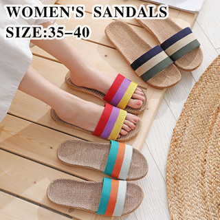 Women's Slippers Breathable Soft Sole Lightweight Pinstripe Flat Sole Linen Sandals for Women