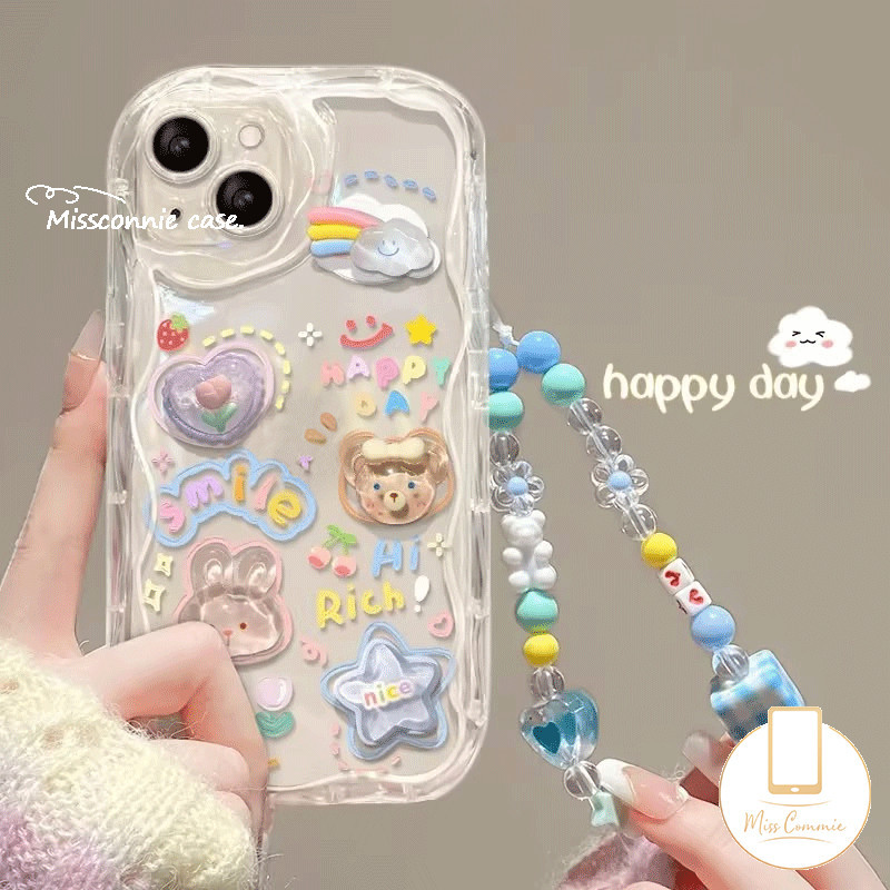 3d ตุ๊กตาน่ารักกระต่ายหมีแฟนตาซี Star Cloud Glossy Wavy ขอบโค้งสําหรับ IPhone 7 16 15 6 6s 8 Plus 11 14 13 12 15 Pro Max X XR XS Max 7Plus SE ดอกไม้สดฝาครอบ