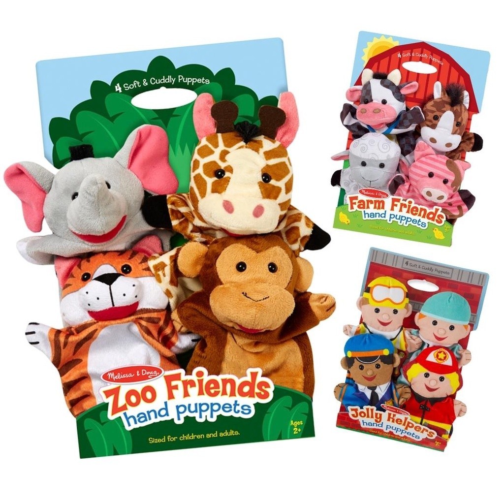 Melissa and Doug - [หุ่นมือผ้านิ่มมาก 4ตัว] ของเล่นหุ่นมือเด็ก ขนาด 24cm x 4 ตัว สวมเล่น 3 นิ้ว ตีมฟาร์ม & ซาฟารี