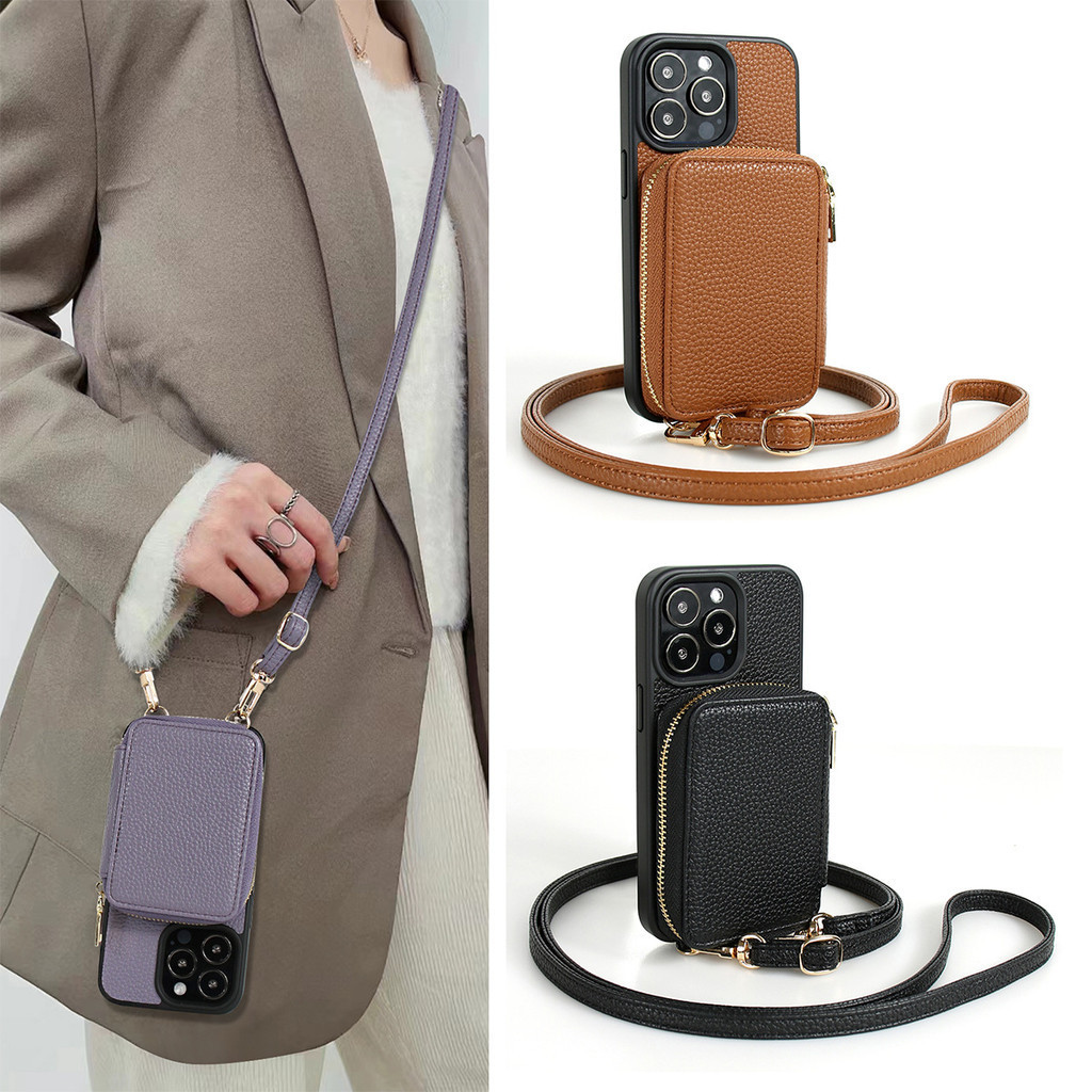กระเป๋าสตางค์crossbody Lanyardเคสโทรศัพท์สําหรับiPhone 16 15 14 Plus 13 12 11 Pro Maxกระเป๋าซิปช่องใส่การ์ดผู้ถือPUปกหนัง