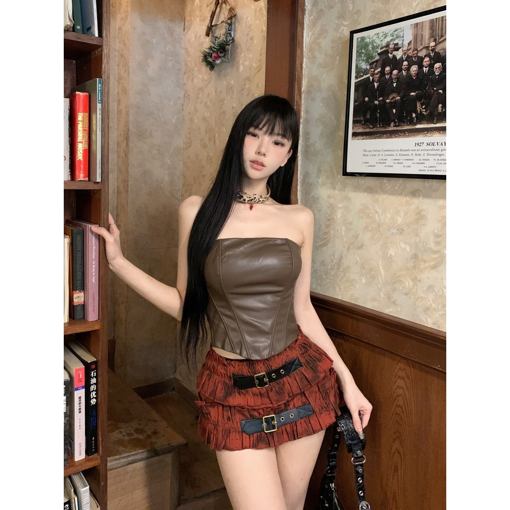 Liasynn เสื้อกั๊ก หนัง pu แต่งลูกไม้ และเข็มขัด สีแดง สไตล์อเมริกัน เซ็กซี่ สําหรับผู้หญิง
