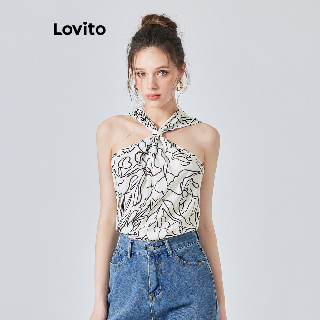 Lovito เสื้อคล้องคอผู้หญิง เปิดไหล่ ลายเรขาคณิต สไตล์ลำลอง L74ED254
