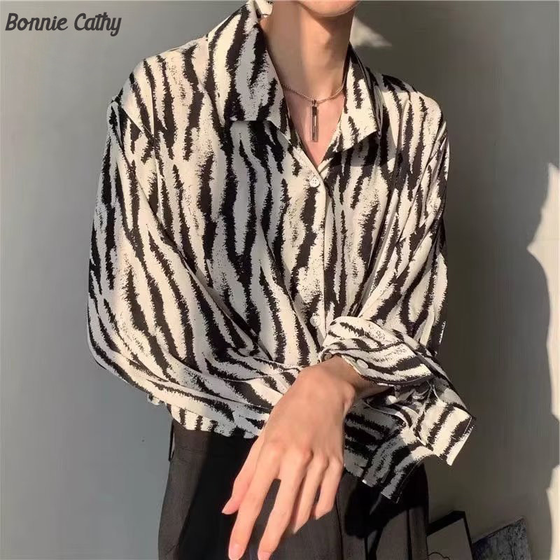 Bonnie Cathy เสื้อเชิ้ตแขนยาว ทรงหลวม ลายดอกไม้ แฟชั่นฤดูใบไม้ผลิ และฤดูใบไม้ร่วง สําหรับผู้ชาย