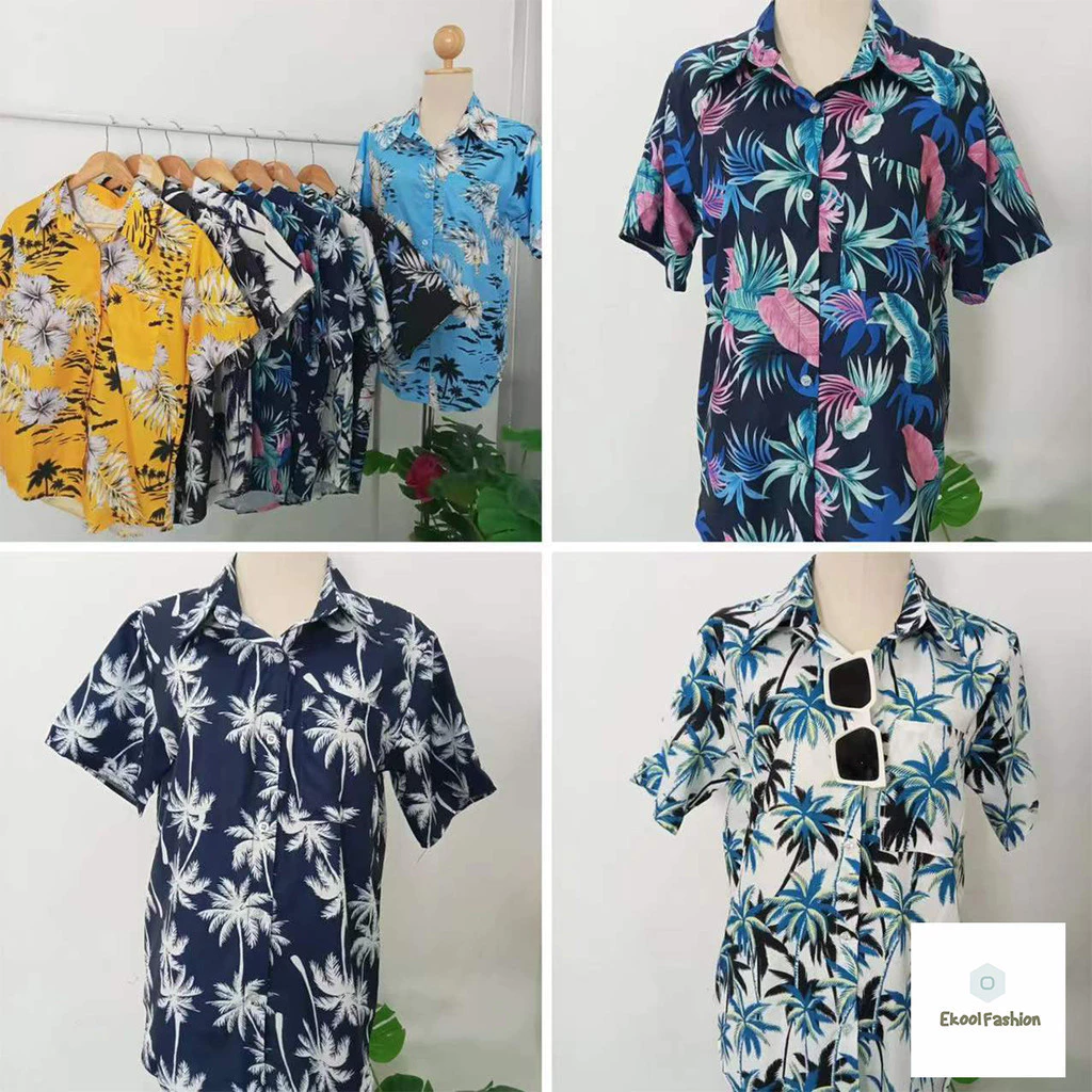 เสื้อเชิ้ตแขนสั้นลายดอกไม้ คอปก ผู้ชาย ผู้หญิง