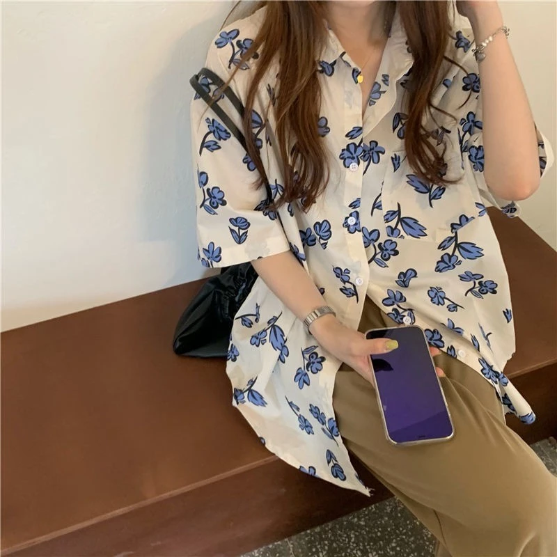 เสื้อเชิ้ตแขนสั้น คอปกโปโล ทรงหลวม พิมพ์ลาย สไตล์ฮ่องกง thumbnail 10