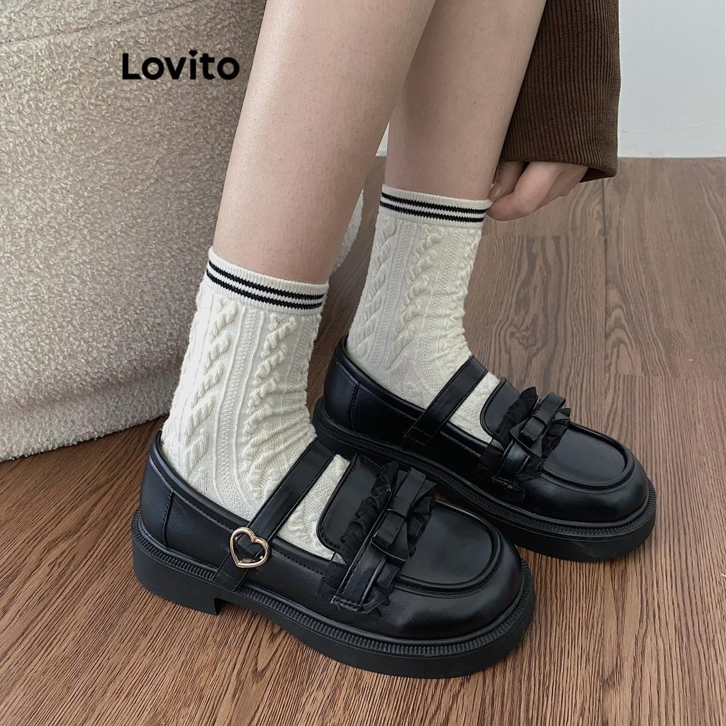 (Lovito Refine) รองเท้าโบ๊ท แม่รี่ เจนผู้หญิง รูปหัวใจ แต่งโบว์ น่ารัก สีพื้น LFA20375