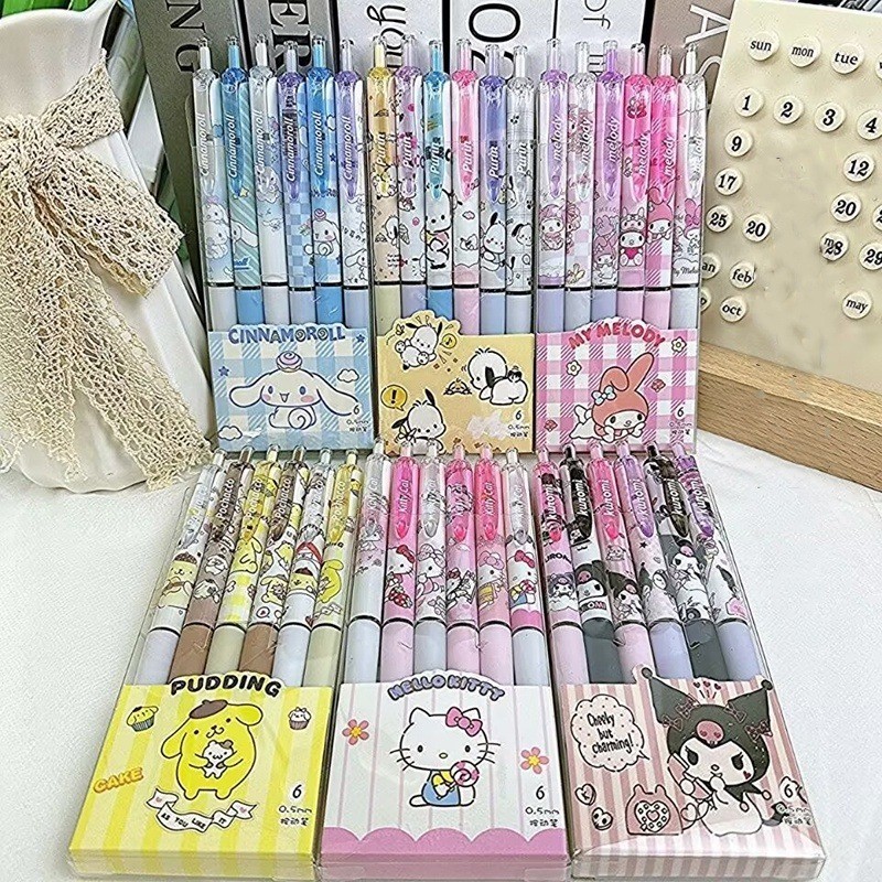 Sanrio ปากกาเจล 0.5 ลาย Kawaii Kuromi Cinnamoroll น่ารัก สีดํา 6 ชิ้น สําหรับเด็ก