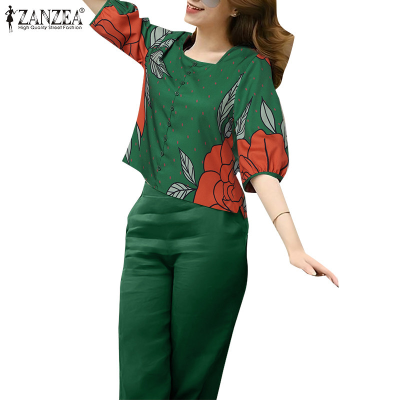 Zanzea ชุดเสื้อคอกลม แขนสั้น พิมพ์ลาย มีกระเป๋าด้านข้าง สไตล์วินเทจ สําหรับผู้หญิง