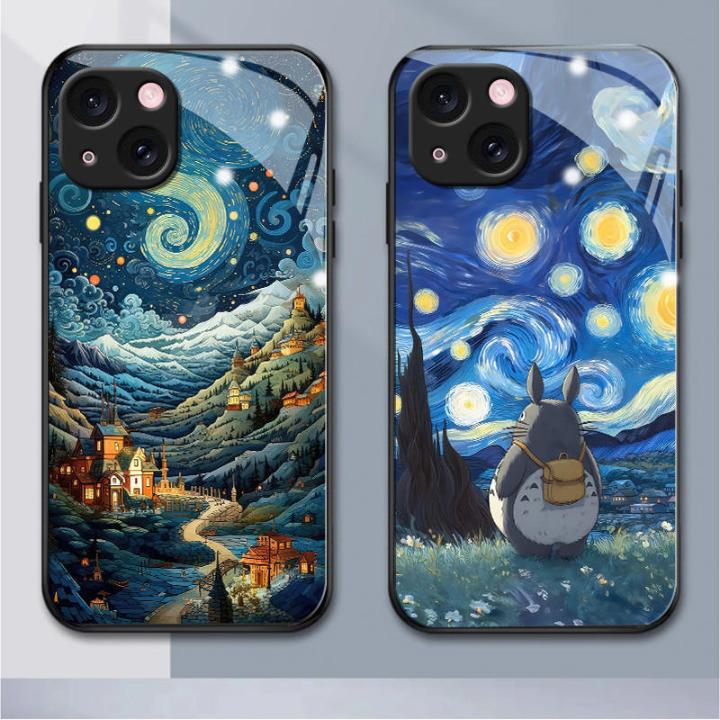 เคสโทรศัพท์มือถือแบบแก้ว ลายการ์ตูนแวนโก๊ะ สําหรับ iPhone 15 15plus 15pro 11 11pro 11promax 12 12mini 12pro 12promax 13 13mini 13pro 13promax 14 14plus promax x xr 6 7 8 6plus 7 8plus (HB1-1242)