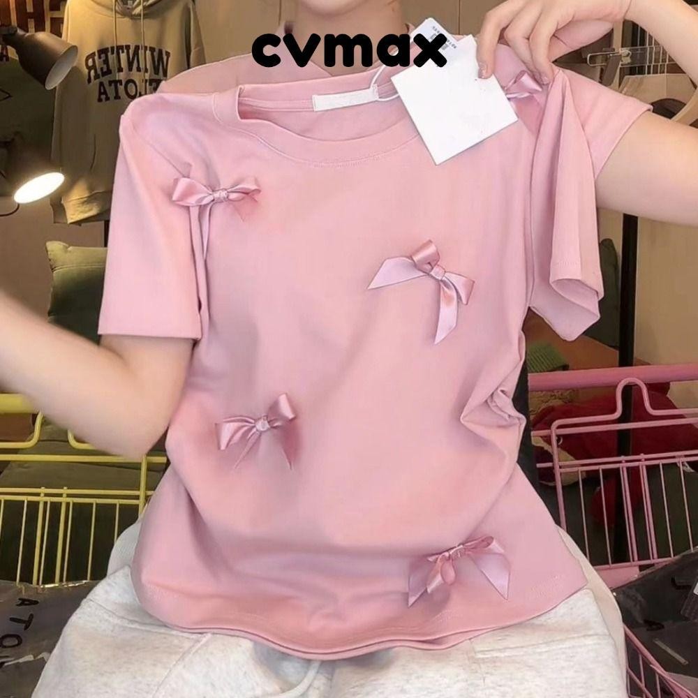 Cvmax ผู้หญิงด้านบน,สไตล์ญี่ปุ่นแขนสั้น Bowknot T เสื้อ,Elegant Ballet สีทึบรอบคอริบบิ้น Crop Tank Top ผู้หญิงสาว