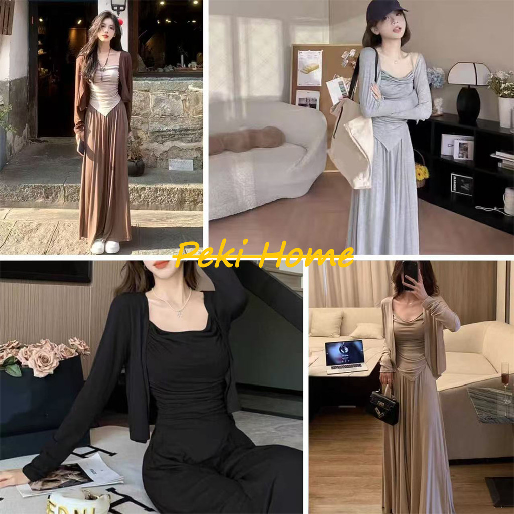เซ็ต 3 ชิ้น เสื้อคลุม + เสื้อสายเดี่ยว +กางเกงเอวสูง สำหรับฤดูใบไม้ผลิ